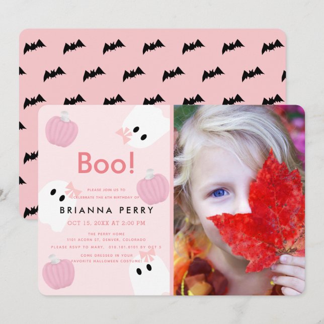 Halloween Ghost Girl Pumpkin Pink Photo Birthday Invitation (Front/Back)