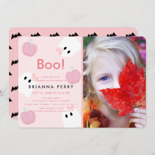 Halloween Ghost Girl Pumpkin Pink Photo Birthday Invitation