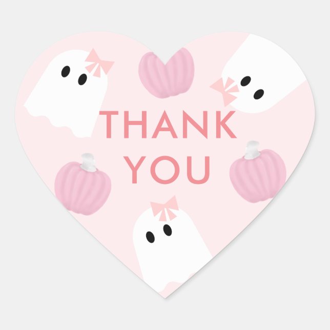 Halloween Ghost Girl & Pumpkin Thank You Pink Heart Sticker (Front)