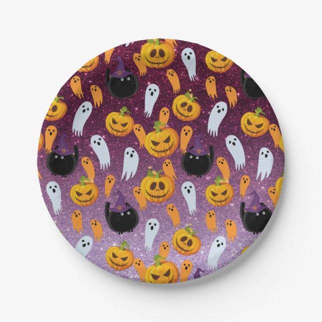 Halloween Ghost Glitter Pattern Party Paper Plate (Front)
