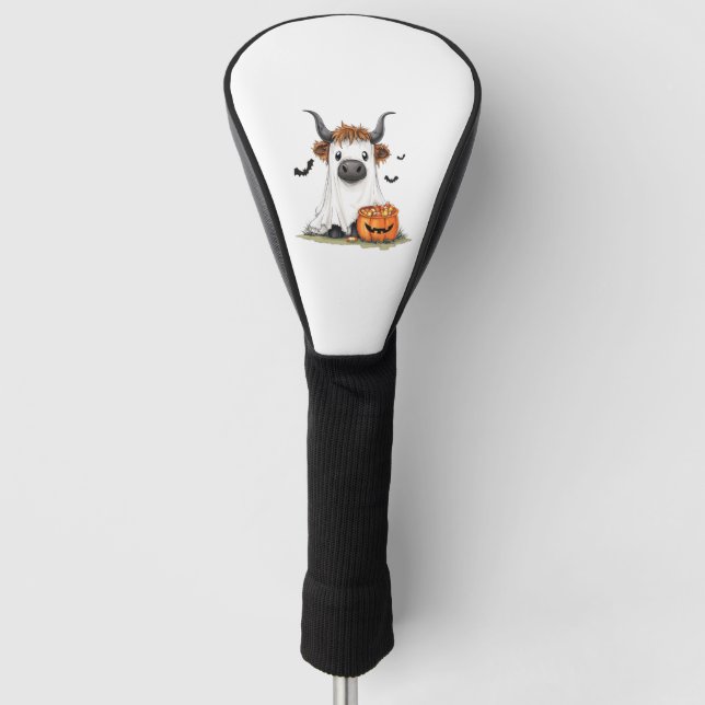 Halloween Ghost Highland Cow PNG Golf Head Cover (Front)