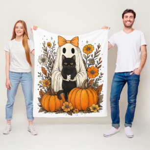Halloween Ghost Holding Black Cat Fleece Blanket