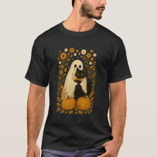 Halloween Ghost Holding Black Cat Floral Cute Spoo T-Shirt