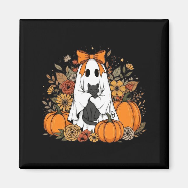 Halloween Ghost Holding Black Cat Groovy Floral Magnet (Front)