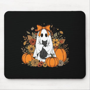 Halloween Ghost Holding Black Cat Groovy Floral Mouse Pad