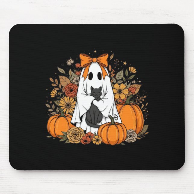Halloween Ghost Holding Black Cat Groovy Floral Mouse Pad (Front)
