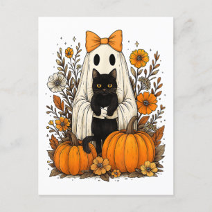 Halloween Ghost Holding Black Cat Holiday Postcard