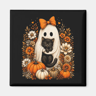 Halloween Ghost Holding Black Cat Pumpkin Floral Magnet