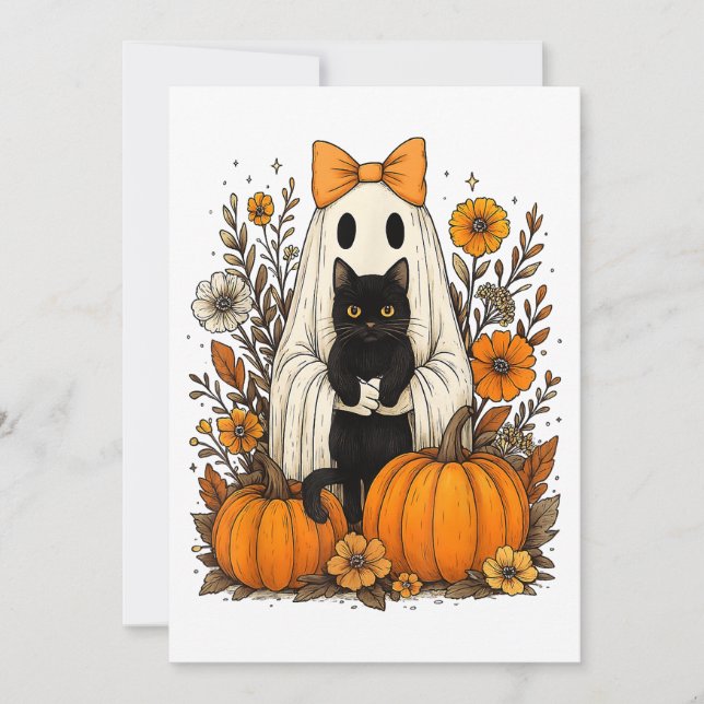 Halloween Ghost Holding Black Cat  Save The Date (Front)