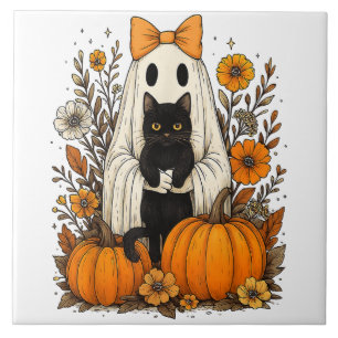 Halloween Ghost Holding Black Cat Tile
