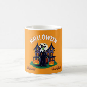 Halloween ghost house, pumpkins, witch, bats and g coffee mug