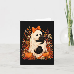 Halloween Ghost Hugging Black Cat Autumn Floral Card