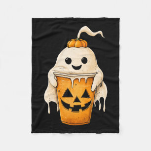 Halloween Ghost Iced Coffee With Pumpkin Fun Spook Fleece Blanket