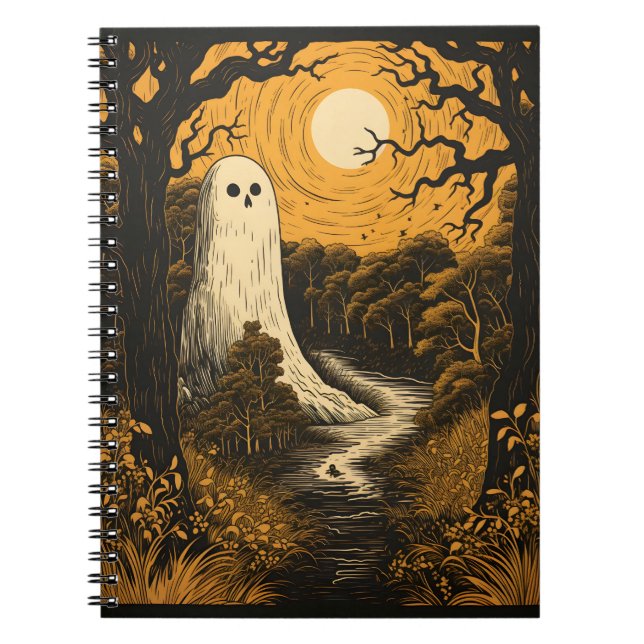 Halloween Ghost In The Forest, Creepy White Ghost  Notebook (Front)