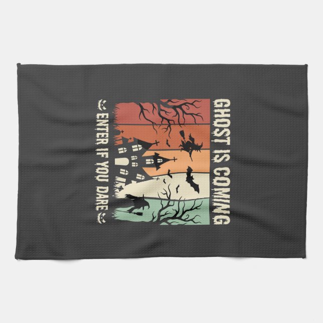 Halloween Ghost Is Coming Haunted House Tea Towel (Horizontal)