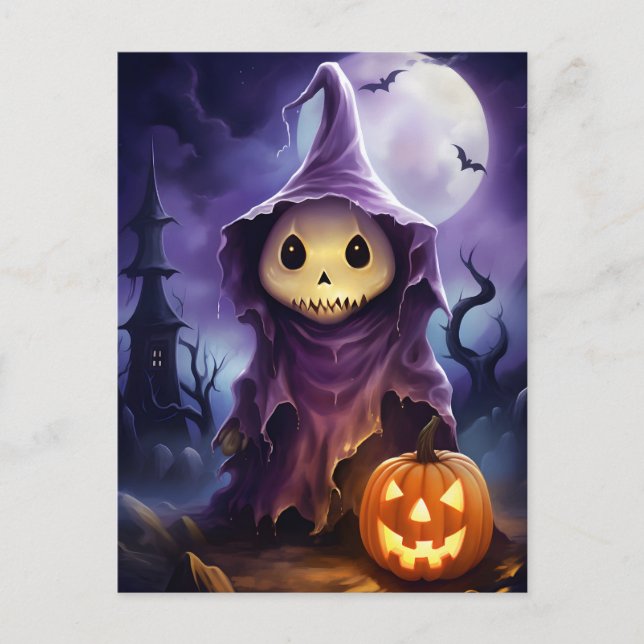 Halloween Ghost Jack-o'-lantern Illustration Holiday Postcard (Front)