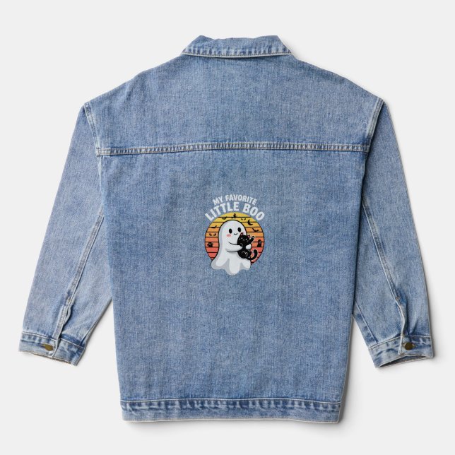 Halloween Ghost Little Boo Cat Denim Jacket (Back)