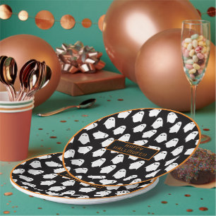 Halloween Ghost Monogram Spooky Black White Fun Paper Plate