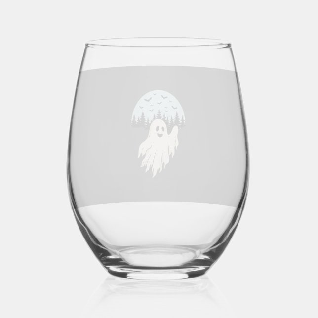 Halloween Ghost Moon Forest Design_1 Stemless Wine Glass (Front)