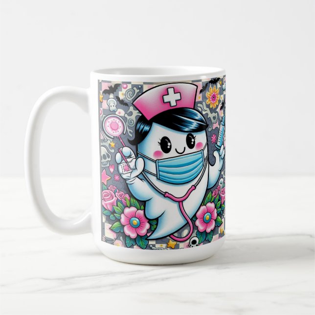 Halloween Ghost Nurse with Mask and Syringes Coffee Mug (Left)