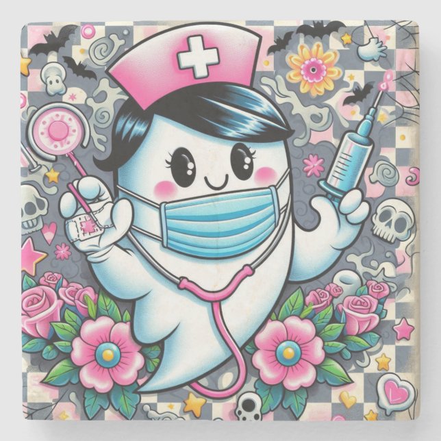 Halloween Ghost Nurse with Mask and Syringes Stone Coaster (Front)
