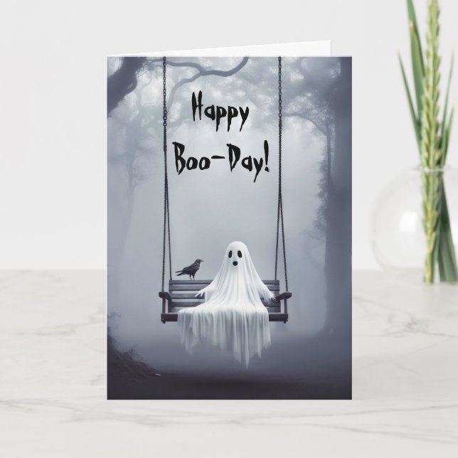 Halloween Ghost On A Swing With Raven Holiday Card (Front)