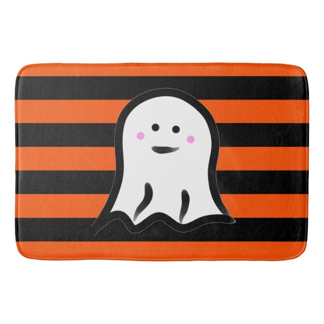 Halloween Ghost on Black and Orange Stripes  Bath Mat (Front)