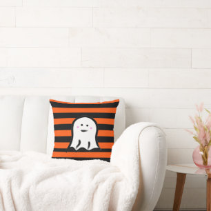 Halloween Ghost on Black and Orange Stripes Cushion
