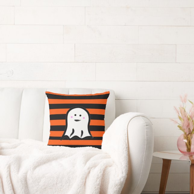 Halloween Ghost on Black and Orange Stripes  Cushion (Couch)