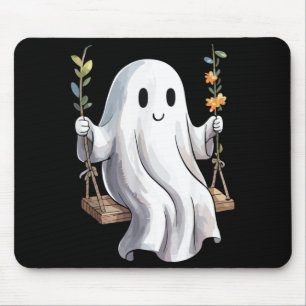Halloween Ghost On Swing Autumn Flowers Cute Mouse Pad