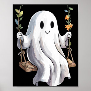 Halloween Ghost On Swing Autumn Flowers Cute Poster