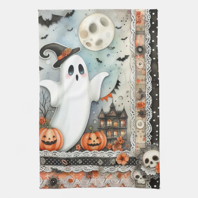 Halloween Ghost Patchwork Tea Towel (Vertical)
