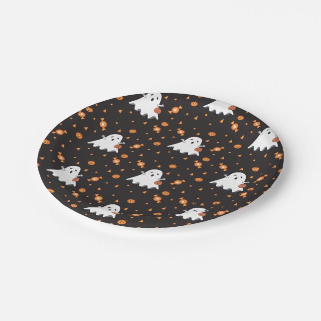 Halloween Ghost Pattern Black Paper Plate (Angled)