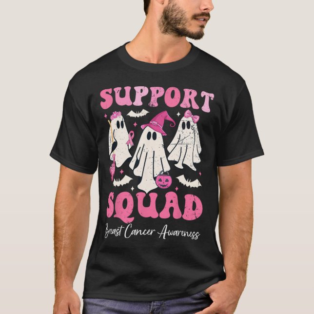 Halloween Ghost Pink Witch Hat Support Squad Breas T-Shirt (Front)
