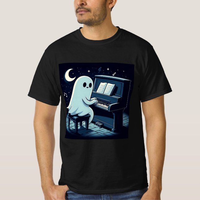 Halloween Ghost Playing Piano Funny T-Shirt (Front)