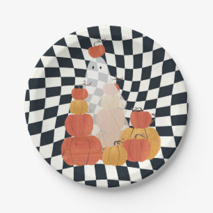 Halloween Ghost Pumpkin Chequered  Paper Plate