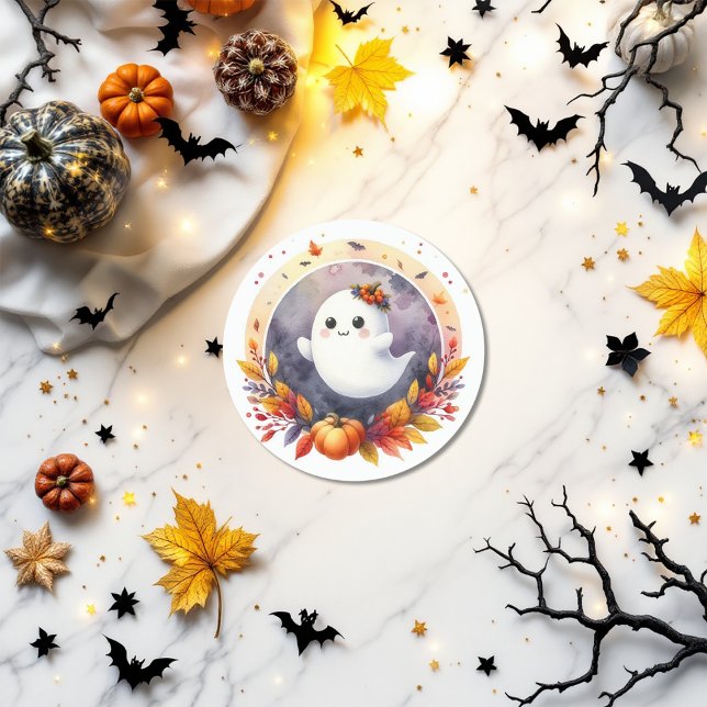 Halloween Ghost & Pumpkin Design Baby Shower Classic Round Sticker (Halloween Ghost & Pumpkin Design Baby Shower Classic Round Sticker)
