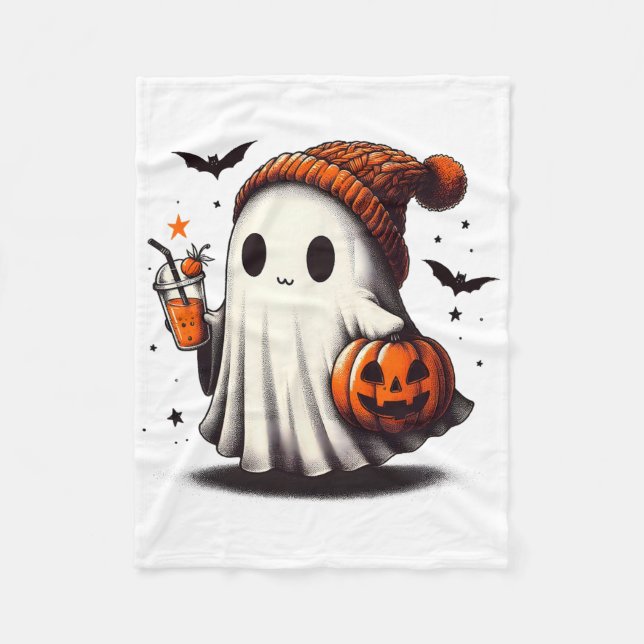 Halloween Ghost Pumpkin Fall Drinks Spooky Beanie  Fleece Blanket (Front)