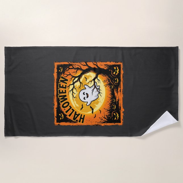 Halloween Ghost Pumpkin Haunted Tree Beach Towel (Front)