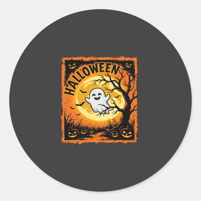 Halloween Ghost Pumpkin Haunted Tree Classic Round Sticker (Front)