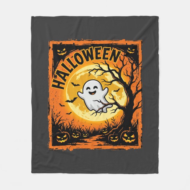Halloween Ghost Pumpkin Haunted Tree Fleece Blanket (Front)