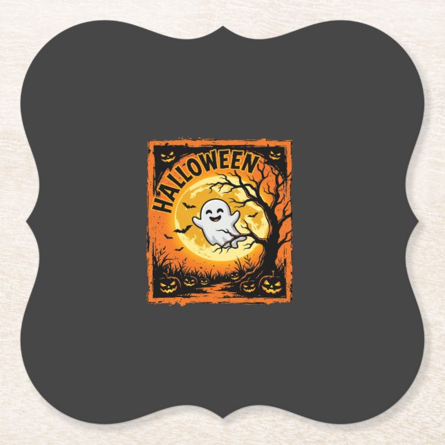Halloween Ghost Pumpkin Haunted Tree Paper Coaster (Front)