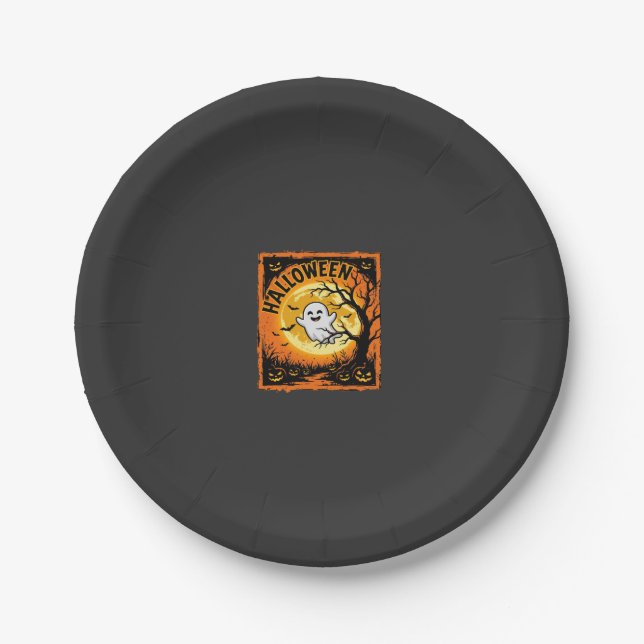 Halloween Ghost Pumpkin Haunted Tree Paper Plate (Front)