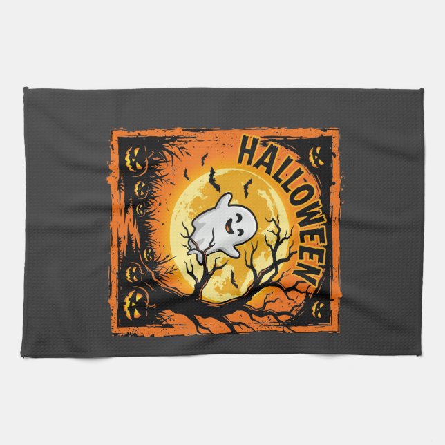 Halloween Ghost Pumpkin Haunted Tree Tea Towel (Horizontal)