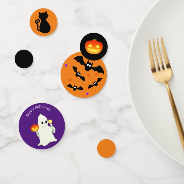 Halloween Ghost, Pumpkin on Black, Purple & Orange Confetti (Group)