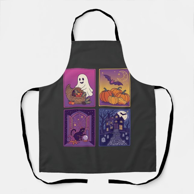Halloween Ghost Pumpkins Black Cat Haunted House B Apron (Front)