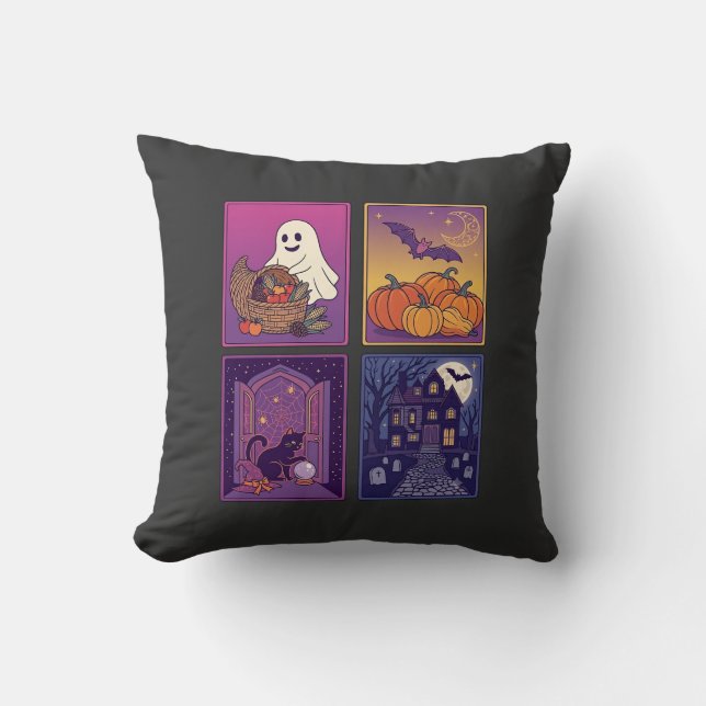 Halloween Ghost Pumpkins Black Cat Haunted House B Cushion (Front)