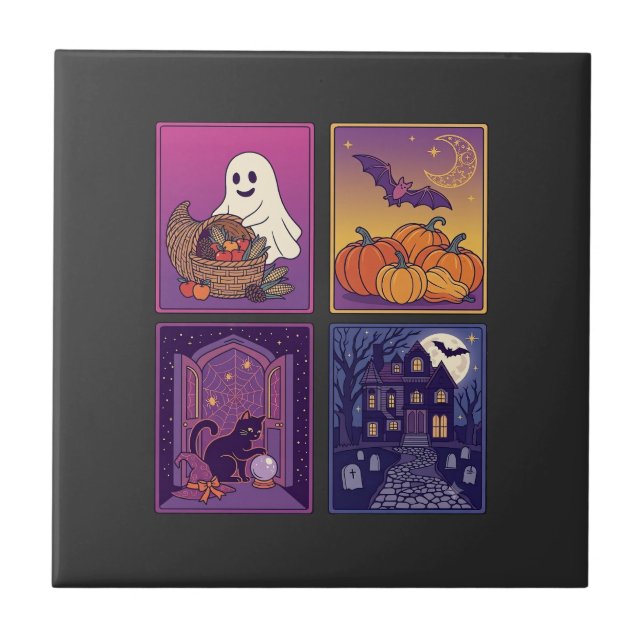 Halloween Ghost Pumpkins Black Cat Haunted House B Tile (Front)
