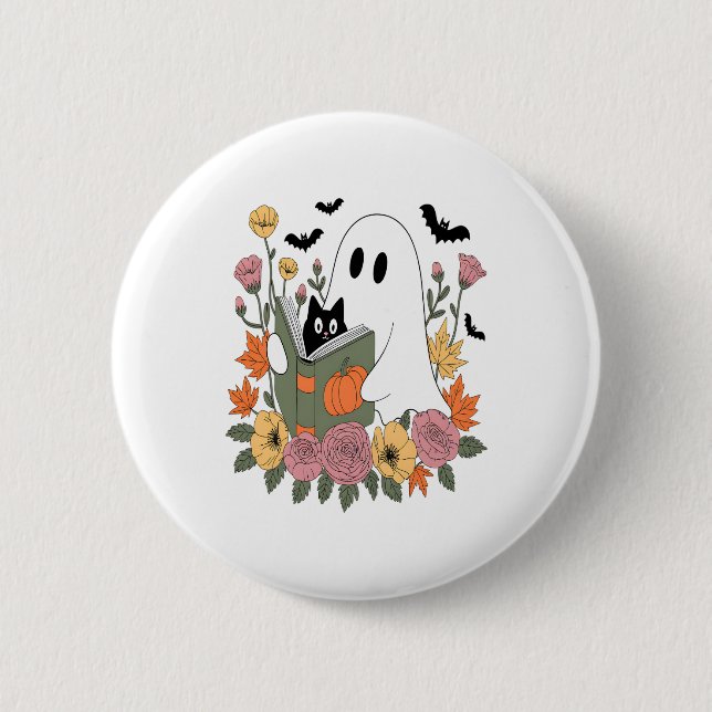 Halloween Ghost Reading Book Cat 6 Cm Round Badge (Front)
