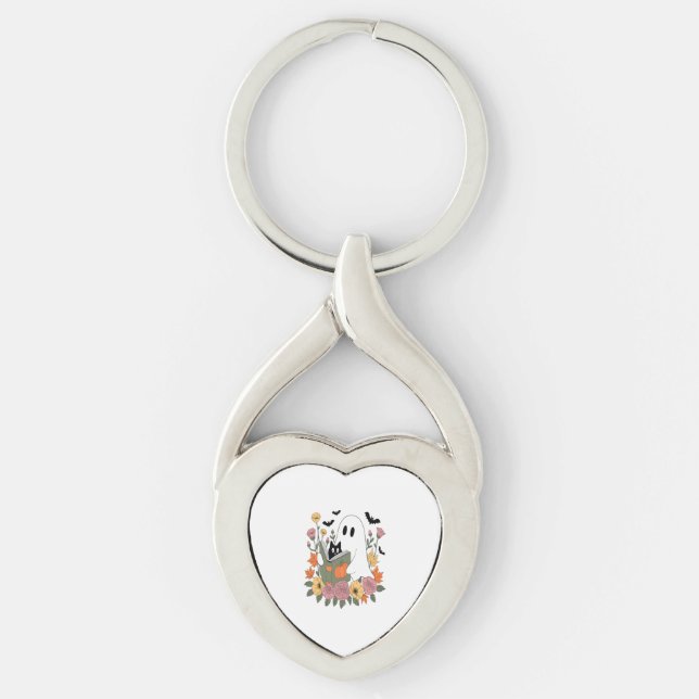 Halloween Ghost Reading Book Cat Key Ring (Front)
